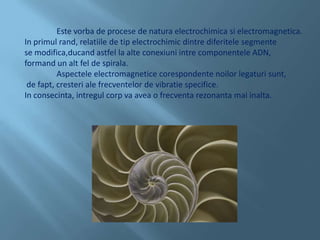 	Este vorba de procese de natura electrochimica si electromagnetica. In primul rand, relatiile de tip electrochimic dintre diferitele segmente se modifica,ducand astfel la alte conexiuni intre componentele ADN, formand un alt fel de spirala. 	Aspectele electromagnetice corespondente noilor legaturi sunt,de fapt, cresteri ale frecventelor de vibratie specifice. In consecinta, intregul corp va avea o frecventa rezonanta mai inalta.
