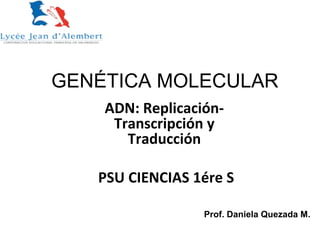 GENÉTICA MOLECULAR
ADN: Replicación-
Transcripción y
Traducción
PSU CIENCIAS 1ére S
Prof. Daniela Quezada M.
 