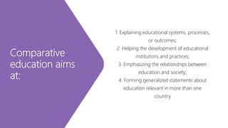 Comparative
education aims
at:
1. Explaining educational systems, processes,
or outcomes;
2. Helping the development of educational
institutions and practices;
3. Emphasizing the relationships between
education and society;
4. Forming generalized statements about
education relevant in more than one
country
 