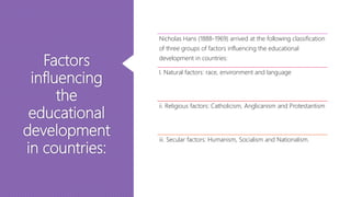 Factors
influencing
the
educational
development
in countries:
Nicholas Hans (1888-1969) arrived at the following classification
of three groups of factors influencing the educational
development in countries:
I. Natural factors: race, environment and language
ii. Religious factors: Catholicism, Anglicanism and Protestantism
iii. Secular factors: Humanism, Socialism and Nationalism.
 