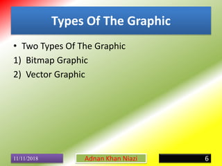 Types Of The Graphic
• Two Types Of The Graphic
1) Bitmap Graphic
2) Vector Graphic
11/11/2018 6Adnan Khan Niazi
 