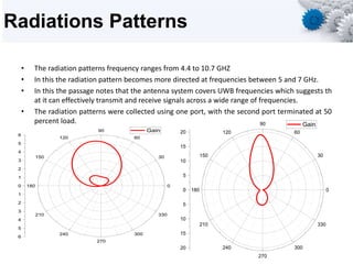 Radiations Patterns
• The radiation patterns frequency ranges from 4.4 to 10.7 GHZ
• In this the radiation pattern becomes more directed at frequencies between 5 and 7 GHz.
• In this the passage notes that the antenna system covers UWB frequencies which suggests th
at it can effectively transmit and receive signals across a wide range of frequencies.
• The radiation patterns were collected using one port, with the second port terminated at 50
percent load.
0
30
60
90
120
150
180
210
240
270
300
330
0
1
2
3
4
5
6
0
1
2
3
4
5
6
Gain
0
30
60
90
120
150
180
210
240
270
300
330
0
5
10
15
20
0
5
10
15
20
Gain
 