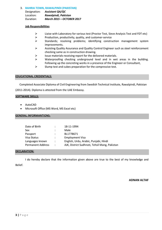 CV of Adnan Altaf ( QA QC Inspector ) | PDF | Civil Engineering ...