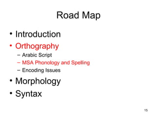 15
Road Map
• Introduction
• Orthography
– Arabic Script
– MSA Phonology and Spelling
– Encoding Issues
• Morphology
• Syntax
 