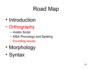 20
Road Map
• Introduction
• Orthography
– Arabic Script
– MSA Phonology and Spelling
– Encoding Issues
• Morphology
• Syntax
 