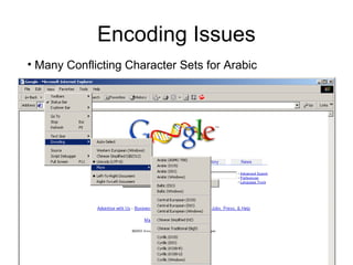 22
Encoding Issues
• Many Conflicting Character Sets for Arabic
 