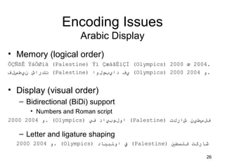 26
Encoding Issues
Arabic Display
• Memory (logical order)
ÔÇÑßÊ ÝáÓØíä (Palestine) Ýí ÇæáãÈíÇÏ (Olympics) 2000 æ 2004.
‫ﺕﻙﺭﺍﺵ‬‫ﻥﻱﻃﺱﻝﻑ‬ (Palestine) ‫ﻱﻑ‬‫ﺩﺍﻱﺏﻡﻝﻭﺍ‬ (Olympics) 2000 ‫ﻭ‬2004 .
• Display (visual order)
– Bidirectional (BiDi) support
• Numbers and Roman script
2000 ‫ﻭ‬2004 . (Olympics) ‫ﺍﻭﻝﻡﺏﻱﺍﺩ‬‫ﻑﻱ‬ (Palestine) ‫ﻑﻝﺱﻃﻱﻥ‬‫ﺵﺍﺭﻙﺕ‬
– Letter and ligature shaping
2000 ‫ﻭ‬2004 . (Olympics) ‫ﺍﻭليبياﺩ‬ ‫ف‬ (Palestine) ‫فلسطي‬ ‫شاﺭكت‬
 