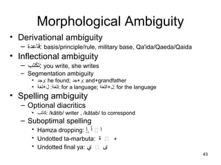43
Morphological Ambiguity
• Derivational ambiguity
– ‫:قاعدة‬ basis/principle/rule, military base, Qa'ida/Qaeda/Qaida
• Inflectional ambiguity
– ‫:تكتب‬ you write, she writes
– Segmentation ambiguity
• ‫:وجد‬ he found; ‫:و+جد‬ and+grandfather
• ‫للغة‬:‫ل+لغة‬ : for a language; ‫:ل+اللغة‬ for the language
• Spelling ambiguity
– Optional diacritics
• ‫:كاتب‬ /kātib/ writer , /kātab/ to correspond
– Suboptimal spelling
• Hamza dropping: ‫أ‬,‫إ‬  ‫ا‬
• Undotted ta-marbuta: ‫ة‬  ‫ه‬
• Undotted final ya: ‫ي‬  ‫ى‬
 