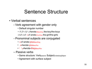 Sentence Structure
• Verbal sentences
- Verb agreement with gender only
• Default singular number
• ‫الولد-اللول د‬ ‫كتب‬wrote3MascSing the-boy/the-boys
‫كتب‬‫ت‬‫البنت-البنات‬ wrote3FemSing the-girl/the-girls
- Pronominal subjects are conjugated
• ‫كتب‬‫ت‬ wrote-youMascSing
• ‫كتب‬‫تم‬ wrote-youMascPlur
• ‫ا‬ ‫كتب‬‫وا‬ wrote-theyMascPlur
– Passive verbs
• Same structure: Verbpassive SubjectunderlyingObject
• Agreement with surface subject
55
 