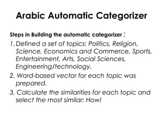 Arabic Automatic Categorizer
Steps in Building the automatic categorizer :
1.Defined a set of topics: Politics, Religion,
Science, Economics and Commerce, Sports,
Entertainment, Arts, Social Sciences,
Engineering/technology.
2. Word-based vector for each topic was
prepared.
3. Calculate the similarities for each topic and
select the most similar: How!
 