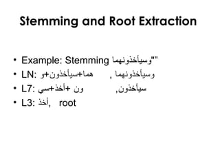 Stemming and Root Extraction
• Example: Stemming ‫”وسيأخذونهما‬
• LN: ‫وسيأخذونهما‬,‫هما‬+‫سيأخذون‬+‫و‬
• L7: ‫سيأخذون‬,‫ون‬+‫أخذ‬+‫سي‬
• L3: ‫,أخذ‬ root
 