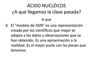 ÁCIDO NUCLÉICOS
   ¿A qué llegamos la clase pasada?
                      A que
6. El “modelo de ADN” es una representación
   creada por los científicos que mejor se
   adapta a los datos y observaciones que se
   han obtenido. Es una aproximación a la
   realidad. Es el mejor puzle con las piezas que
   tenemos.
 