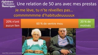 Une relation de 50 ans avec mes prestas
Je me lève, tu n’te réveilles pas…
commmmmme d’habitudeuuuuux
20% n’ont
aucun lien

60 % de ventre mou

www.flickr.com/photos/23310679@N07/2229163781/sizes/m/in/photostream/

20 % de
motivés

 