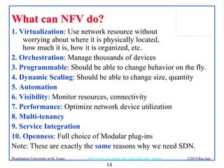 14
©2014 Raj JainWashington University in St. Louis http://www.cse.wustl.edu/~jain/talks/adn_att.htm
What can NFV do?What can NFV do?
1. Virtualization: Use network resource without
worrying about where it is physically located,
how much it is, how it is organized, etc.
2. Orchestration: Manage thousands of devices
3. Programmable: Should be able to change behavior on the fly.
4. Dynamic Scaling: Should be able to change size, quantity
5. Automation
6. Visibility: Monitor resources, connectivity
7. Performance: Optimize network device utilization
8. Multi-tenancy
9. Service Integration
10. Openness: Full choice of Modular plug-ins
Note: These are exactly the same reasons why we need SDN.
 