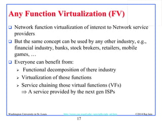 17
©2014 Raj JainWashington University in St. Louis http://www.cse.wustl.edu/~jain/talks/adn_att.htm
Any Function Virtualization (FV)Any Function Virtualization (FV)
 Network function virtualization of interest to Network service
providers
 But the same concept can be used by any other industry, e.g.,
financial industry, banks, stock brokers, retailers, mobile
games, …
 Everyone can benefit from:
 Functional decomposition of there industry
 Virtualization of those functions
 Service chaining those virtual functions (VFs)
 A service provided by the next gen ISPs
 