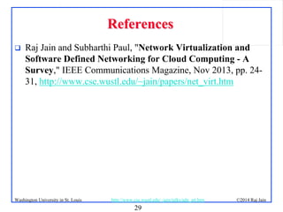29
©2014 Raj JainWashington University in St. Louis http://www.cse.wustl.edu/~jain/talks/adn_att.htm
ReferencesReferences
 Raj Jain and Subharthi Paul, "Network Virtualization and
Software Defined Networking for Cloud Computing - A
Survey," IEEE Communications Magazine, Nov 2013, pp. 24-
31, http://www.cse.wustl.edu/~jain/papers/net_virt.htm
 