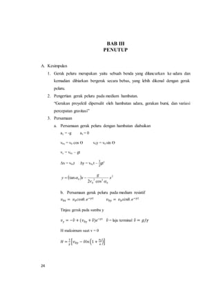 24
BAB III
PENUTUP
A. Kesimpulan
1. Gerak peluru merupakan yaitu sebuah benda yang diluncurkan ke udara dan
kemudian dibiarkan bergerak secara bebas, yang lebih dikenal dengan gerak
peluru.
2. Pengertian gerak peluru pada medium hambatan.
“Gerakan proyektil dipersulit oleh hambatan udara, gerakan bumi, dan variasi
percepatan gravitasi”
3. Persamaan
a. Persamaan gerak peluru dengan hambatan diabaikan
ay = -g ax = 0
v0x = v0 cos ϴ v0y = v0 sin ϴ
vy = v0y – gt
∆x = v0xt ∆y = v0yt –
1
2
gt2
  2
0
22
0
0
cos2
tan x
g
xy

 
b. Persamaan gerak peluru pada medium resistif
𝑣0𝑥 = 𝑣0 𝑐𝑜𝑠𝜃. 𝑒−𝛾𝑡 𝑣0𝑦 = 𝑣0 𝑠𝑖𝑛𝜃. 𝑒−𝛾𝑡
Tinjau gerak pada sumbu y
𝑣 𝑦 = −𝑣̂ + (𝑣0𝑦 + 𝑣̂)𝑒−𝛾𝑡
𝑣̂ = laju terminal 𝑣̂ = 𝑔/𝛾
H maksimum saat v = 0
𝐻 =
1
𝛾
[𝑣0𝑦 − 𝑣̂𝑙𝑛 (1 +
𝑣0
𝑣
)]
 
