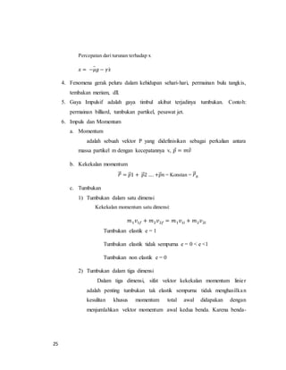 25
Percepatan dari turunan terhadap x
𝑥 = −𝜇𝑔 − 𝛾𝑥̇̈
4. Fenomena gerak peluru dalam kehidupan sehari-hari, permainan bulu tangkis,
tembakan meriam, dll.
5. Gaya Impulsif adalah gaya timbul akibat terjadinya tumbukan. Contoh:
permainan billiard, tumbukan partikel, pesawat jet.
6. Impuls dan Momentum
a. Momentum
adalah sebuah vektor P yang didefinisikan sebagai perkalian antara
massa partikel m dengan kecepatannya v, 𝑝⃗ = 𝑚𝑣⃗
b. Kekekalan momentum
𝑃⃗⃗⃗ = 𝑝⃗⃗1 + 𝑝⃗⃗2 …. +𝑝⃗⃗ 𝑛 = Konstan = 𝑃⃗⃗⃗0
c. Tumbukan
1) Tumbukan dalam satu dimensi
Kekekalan momentum satu dimensi:
𝑚1 𝑣1𝑓 + 𝑚2 𝑣2𝑓 = 𝑚1 𝑣1𝑖 + 𝑚2 𝑣2𝑖
Tumbukan elastik e = 1
Tumbukan elastik tidak sempurna e = 0 < e <1
Tumbukan non elastik e = 0
2) Tumbukan dalam tiga dimensi
Dalam tiga dimensi, sifat vektor kekekalan momentum linier
adalah penting tumbukan tak elastik sempurna tidak menghasilkan
kesulitan khusus momentum total awal didapakan dengan
menjumlahkan vektor momentum awal kedua benda. Karena benda-
 