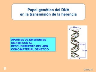 07/05/158
Papel genético del DNA
en la transmisión de la herencia
APORTES DE DIFERENTES
CIENTIFICOS AL
DESCUBRIMIENTO DEL ADN
COMO MATERIAL GENETICO
 