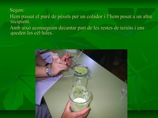 Segon:
Hem passat el puré de pèsols per un colador i l’hem posat a un altre
recipient.
Amb això aconseguim decantar part de les restes de teixits i ens
queden les cèl·lules.
 