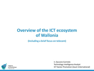 Overview of the ICT ecosystem
of Wallonia
(including a brief focus on telecom)
ir. Zaccone Carmelo
Technology Intelligence Analyst
ICT Sector Promotion (local |international)
 