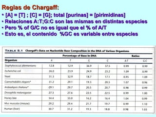 Reglas de Chargaff:
• [A] = [T] ; [C] = [G]; total [purinas] = [pirimidinas]
• Relaciones A:T;G:C son las mismas en distintas especies
• Pero % of G/C no es igual que el % of A/T
• Esto es, el contenido %GC es variable entre especies
 