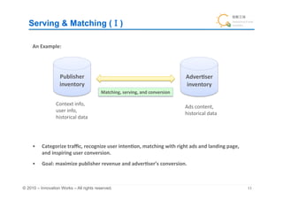 Serving & Matching ( )	

     An	
  Example:	




                    Publisher	
                                                                  Adver&ser	
  
                    inventory	
                                                                  inventory	
                                              Matching,	
  serving,	
  and	
  conversion	

                  Context	
  info,	
  
                                                                                                 Ads	
  content,	
  
                  user	
  info,	
  
                                                                                                 historical	
  data	
                  historical	
  data	




     •    Categorize	
  traﬃc,	
  recognize	
  user	
  inten&on,	
  matching	
  with	
  right	
  ads	
  and	
  landing	
  page,	
  
          and	
  inspiring	
  user	
  conversion.	
  	
  
     •    Goal:	
  maximize	
  publisher	
  revenue	
  and	
  adver&ser’s	
  conversion.	
  



© 2010 – Innovation Works – All rights reserved.	
                                                                                    	
 