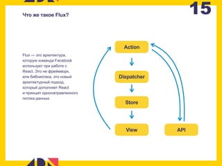 15Что же такое Flux?
Action
Dispatcher
Store
View API
Flux — это архитектура,
которую команда Facebook
использует при работе с
React. Это не фреймворк,  
или библиотека, это новый
архитектурный подход,
который дополняет React  
и принцип однонаправленного
потока данных.
 