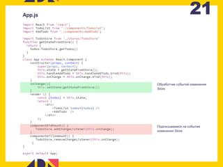 21App.js
Обработчик событий изменения
Store
Подписываемся на событие
изменения Store
 