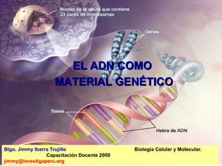 EL ADN COMO  MATERIAL GENÉTICO Blgo. Jimmy Ibarra Trujillo  Biología Celular y Molecular.  Capacitación Docente 2009  [email_address] 