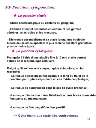 2-3-  Ponction, cytoponction: - Etude bactériologique du contenu du ganglion;     La ponction simple: Elle trouve essentiellement sa place lorsqu’une étiologie tuberculeuse est suspectée; le pus ramené est alors granuleux, plus ou moins épais.     La ponction cytologique: Pratiquée à l’aide d’une aiguille fine 6/10 mm et elle permet l’étude de la morphologie cellulaire.  Malgré qu’il soit un acte simple, rapide et indolore, on lui reproche:  - Le risque d’essaimage néoplasique le long du trajet de la ponction par rupture capsulaire en cas d’Adn néoplasique; - Le risque de surinfection dans le cas de kyste branchial;  - Le risque d’induction d’une fistulisation dans le cas d’une Adn fluctuante ou tuberculeuse; - Le risque de faux négatif ou faux positif.    Cette technique reste très controversée   - Examen direct et des mises en culture    les germes aérobies, anaérobies et les mycoses.  