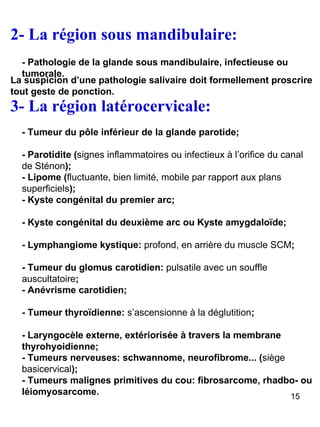 2- La région sous mandibulaire: - Pathologie de la glande sous mandibulaire, infectieuse ou tumorale. 3- La région latérocervicale: - Tumeur du pôle inférieur de la glande parotide;  - Parotidite ( signes inflammatoires ou infectieux à l’orifice du canal de Sténon );  - Kyste congénital du premier arc;  - Kyste congénital du deuxième arc ou Kyste amygdaloïde; - Lymphangiome kystique:  profond, en arrière du muscle SCM ; - Tumeur du glomus carotidien:  pulsatile avec un souffle auscultatoire ; - Anévrisme carotidien; - Tumeur thyroïdienne:  s’ascensionne à la déglutition ; - Laryngocèle externe, extériorisée à travers la membrane thyrohyoidienne; - Tumeurs nerveuses: schwannome, neurofibrome... ( siège basicervical ); - Tumeurs malignes primitives du cou: fibrosarcome, rhadbo- ou léiomyosarcome. - Lipome ( fluctuante, bien limité, mobile par rapport aux plans superficiels ); La suspicion d’une pathologie salivaire doit formellement proscrire tout geste de ponction.  