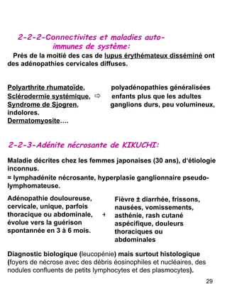 2-2-2- Connec tivites et maladies auto-immunes de système: Prés de la moitié des cas de  lupus érythémateux disséminé  ont des adénopathies cervicales diffuses. Polyarthrite rhumatoïde ,  polyadénopathies généralisées Sclérodermie systémique ,     enfants plus que les adultes   Syndrome de Sjogren ,  ganglions durs, peu volumineux, indolores.  Dermatomyosite …. 2-2-3-Adénite nécrosante de KIKUCHI: Maladie décrites chez les femmes japonaises (30 ans), d‘étiologie inconnus. = lymphadénite nécrosante, hyperplasie ganglionnaire pseudo-lymphomateuse. Fièvre  ± diarrhée, frissons, nausées, vomissements, asthénie, rash cutané aspécifique, douleurs thoraciques ou abdominales Adénopathie douloureuse, cervicale, unique, parfois thoracique ou abdominale, évolue vers la guérison spontannée en 3 à 6 mois. + Diagnostic biologique ( leucopénie ) mais surtout histologique ( foyers de nécrose avec des débris éosinophiles et nucléaires, des nodules confluents de petits lymphocytes et des plasmocytes ). 