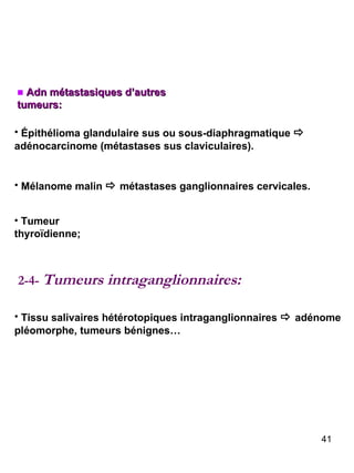 Adn métastasiques d’autres tumeurs: Épithélioma glandulaire sus ou sous-diaphragmatique    adénocarcinome (métastases sus claviculaires). Mélanome malin    métastases ganglionnaires cervicales. Tumeur thyroïdienne; 2-4-  Tumeurs intraganglionnaires: Tissu salivaires hétérotopiques intraganglionnaires     adénome pléomorphe, tumeurs bénignes… 