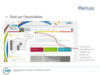 Menus 
• Tout sur l’association 
Retrouvez le 
descriptif de nos 
activités, les 
pilotes, les 
membres du 
bureau et du CA… 
5 
 