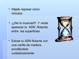 Déjalo reposar cinco minutos ¡¡¡No lo muevas!!! Y verás aparecer tu ADN flotando entre las superficies Extrae tu ADN flotante con una varilla de madera, enrollándolo cuidadosamente