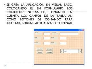 SE CREA LA APLICACIÓN EN VISUAL BASIC, COLOCANDO EL EN FORMULARIO LOS CONTROLES NECESARIOS, TOMANDO EN CUENTA LOS CAMPOS DE LA TABLA ASI COMO BOTONES DE COMANDO PARA INSERTAR, BORRAR, ACTUALIZAR Y TERMINAR 
