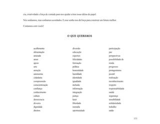 cia, criatividade e força de vontade para nos ajudar a tirar essas idéias do papel.

Nós sonhamos, mas sonhamos acordados. E esse sonho nos dá força para construir um futuro melhor.

Contamos com vocês!



                                                  O QUE QUEREMOS




           acolhimento                                 diversão                         participação
           alimentação                                 educação                         paz
           amizade                                     esportes                         perspectivas
           amor                                        felicidades                      possibilidade de
           apoio                                       formação                         renda
           arte                                        política                         progresso
           atenção                                     honestidade                      protagonismo
           autonomia                                   humildade                        juvenil
           cidadania                                   identidade                       realização
           compreensão                                 igualdade                        reconhecimento
           conscientização                             inclusão                         respeito
           confiança                                   informação                       responsabilidade
           conhecimento                                integração                       saúde
           cultura                                     justiça                          segurança
           democracia                                  lazer                            sensibilidade
           deveres                                     liberdade                        solidariedade
           dignidade                                   moradia                          trabalho
           direitos                                    oportunidade                     união


                                                                                                           131
 
