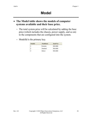 AdoCs Chapter 1
Rev. 4.0 Copyright © 2010 Object Innovations Enterprises, LLC 28
All Rights Reserved
Model
• The Model table shows the models of computer
systems available and their base price.
− The total system price will be calculated by adding the base
price (which includes the chassis, power supply, and so on)
to the components that are configured into the system.
− ModelId is the primary key.
 