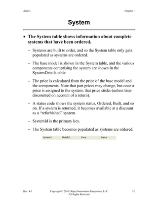 AdoCs Chapter 1
Rev. 4.0 Copyright © 2010 Object Innovations Enterprises, LLC 32
All Rights Reserved
System
• The System table shows information about complete
systems that have been ordered.
− Systems are built to order, and so the System table only gets
populated as systems are ordered.
− The base model is shown in the System table, and the various
components comprising the system are shown in the
SystemDetails table.
− The price is calculated from the price of the base model and
the components. Note that part prices may change, but once a
price is assigned to the system, that price sticks (unless later
discounted on account of a return).
− A status code shows the system status, Ordered, Built, and so
on. If a system is returned, it becomes available at a discount
as a “refurbished” system.
− SystemId is the primary key.
− The System table becomes populated as systems are ordered.
 