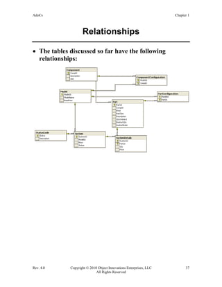 AdoCs Chapter 1
Rev. 4.0 Copyright © 2010 Object Innovations Enterprises, LLC 37
All Rights Reserved
Relationships
• The tables discussed so far have the following
relationships:
 