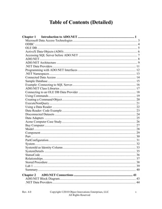 Rev. 4.0 Copyright ©2010 Object Innovations Enterprises, LLC v
All Rights Reserved
Table of Contents (Detailed)
Chapter 1 Introduction to ADO.NET ....................................................................... 1
Microsoft Data Access Technologies ................................................................................. 3
ODBC ................................................................................................................................. 4
OLE DB .............................................................................................................................. 5
ActiveX Data Objects (ADO)............................................................................................. 6
Accessing SQL Server before ADO.NET .......................................................................... 7
ADO.NET........................................................................................................................... 8
ADO.NET Architecture...................................................................................................... 9
.NET Data Providers......................................................................................................... 11
Programming with ADO.NET Interfaces ......................................................................... 12
.NET Namespaces............................................................................................................. 13
Connected Data Access .................................................................................................... 14
Sample Database............................................................................................................... 15
Example: Connecting to SQL Server................................................................................ 16
ADO.NET Class Libraries................................................................................................ 17
Connecting to an OLE DB Data Provider ........................................................................ 18
Using Commands.............................................................................................................. 19
Creating a Command Object............................................................................................. 20
ExecuteNonQuery............................................................................................................. 21
Using a Data Reader ......................................................................................................... 22
Data Reader: Code Example............................................................................................. 23
Disconnected Datasets ...................................................................................................... 24
Data Adapters ................................................................................................................... 25
Acme Computer Case Study............................................................................................. 26
Buy Computer................................................................................................................... 27
Model................................................................................................................................ 28
Component........................................................................................................................ 29
Part.................................................................................................................................... 30
PartConfiguration.............................................................................................................. 31
System............................................................................................................................... 32
SystemId as Identity Column............................................................................................ 33
SystemDetails ................................................................................................................... 35
StatusCode ........................................................................................................................ 36
Relationships..................................................................................................................... 37
Stored Procedure............................................................................................................... 38
Lab 1 ................................................................................................................................. 39
Summary........................................................................................................................... 40
Chapter 2 ADO.NET Connections .......................................................................... 41
ADO.NET Block Diagram................................................................................................ 43
.NET Data Providers......................................................................................................... 44
 