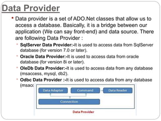 Data Provider
 Data provider is a set of ADO.Net classes that allow us to
access a database. Basically, it is a bridge between our
application (We can say front-end) and data source. There
are following Data Provider :
 SqlServer Data Provider:-It is used to access data from SqlServer
database (for version 7.0 or later).
 Oracle Data Provider:-It is used to access data from oracle
database (for version 8i or later).
 OleDb Data Provider:-It is used to access data from any database
(msaccess, mysql, db2).
 Odbc Data Provider :-It is used to access data from any database
(msaccess, mysql, db2).
 