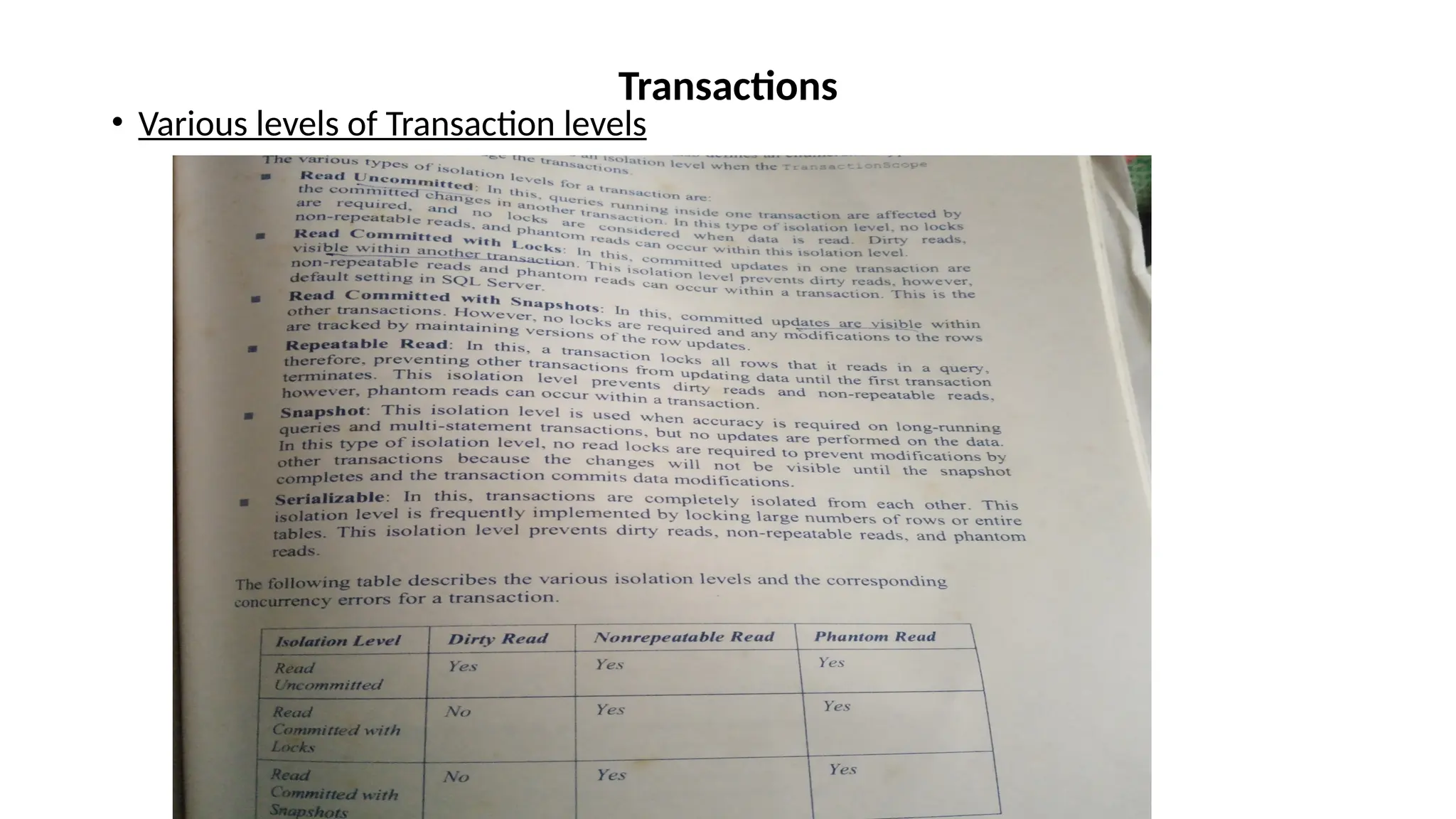 • Various levels of Transaction levels
Transactions
 