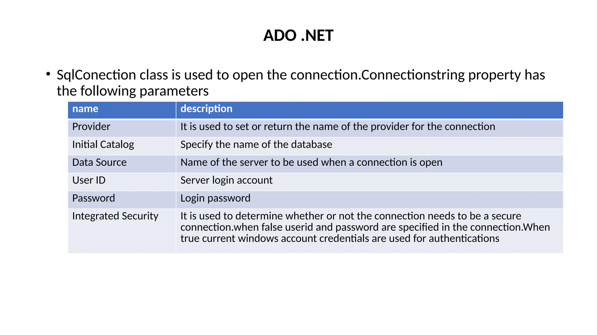 • SqlConection class is used to open the connection.Connectionstring property has
the following parameters
ADO .NET
name description
Provider It is used to set or return the name of the provider for the connection
Initial Catalog Specify the name of the database
Data Source Name of the server to be used when a connection is open
User ID Server login account
Password Login password
Integrated Security It is used to determine whether or not the connection needs to be a secure
connection.when false userid and password are specified in the connection.When
true current windows account credentials are used for authentications
 