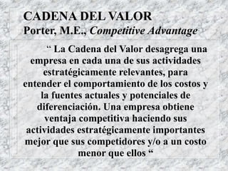 CADENA DEL VALOR
Porter, M.E., Competitive Advantage
“ La Cadena del Valor desagrega una
empresa en cada una de sus actividades
estratégicamente relevantes, para
entender el comportamiento de los costos y
la fuentes actuales y potenciales de
diferenciación. Una empresa obtiene
ventaja competitiva haciendo sus
actividades estratégicamente importantes
mejor que sus competidores y/o a un costo
menor que ellos “
 