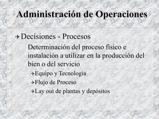 Administración de Operaciones
Decisiones - Procesos
Determinación del proceso físico e
instalación a utilizar en la producción del
bien o del servicio
Equipo y Tecnología
Flujo de Proceso
Lay out de plantas y depósitos
 