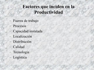 Factores que inciden en la
Productividad
 Fuerza de trabajo
 Procesos
 Capacidad instalada
 Localización
 Distribución
 Calidad
 Tecnología
 Logística
 