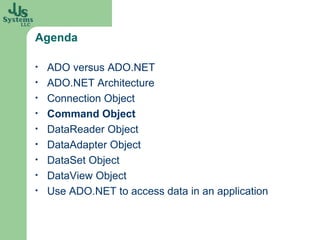 Agenda ADO versus ADO.NET ADO.NET Architecture Connection Object Command Object DataReader Object DataAdapter Object DataSet Object DataView Object Use ADO.NET to access data in an application 