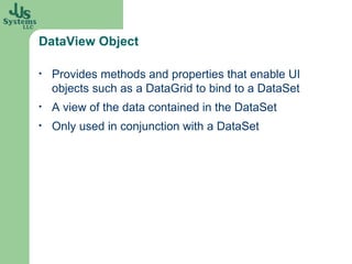 DataView Object Provides methods and properties that enable UI objects such as a DataGrid to bind to a DataSet  A view of the data contained in the DataSet Only used in conjunction with a DataSet 